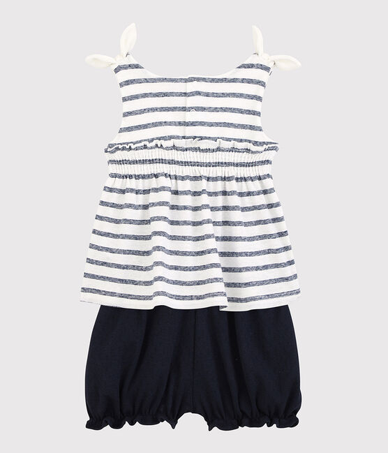 Ensemble blouse + bloomer en coton/lin bébé fille blanc MARSHMALLOW/bleu MEDIEVAL