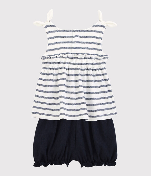 Ensemble blouse + bloomer en coton/lin b&eacute;b&eacute; fille blanc/bleu