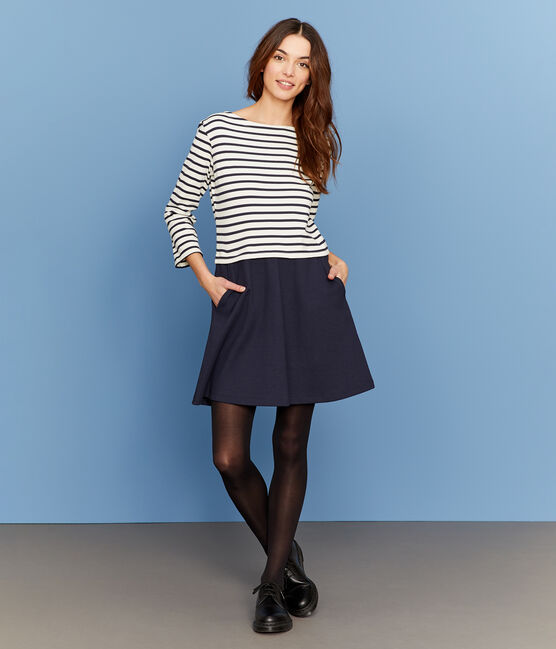 Robe manches longues femme bleu SMOKING/beige COQUILLE