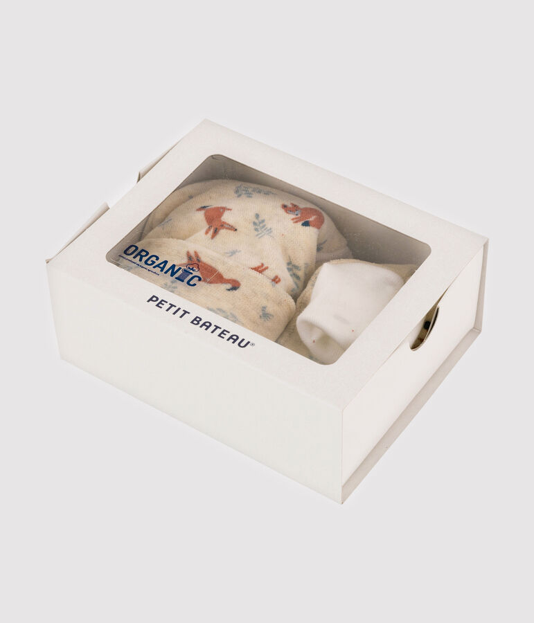 Lot bonnet naissance et chaussons renard b&eacute;b&eacute; gar&ccedil;on en velours beige MONTELIMAR/blanc MULTICO