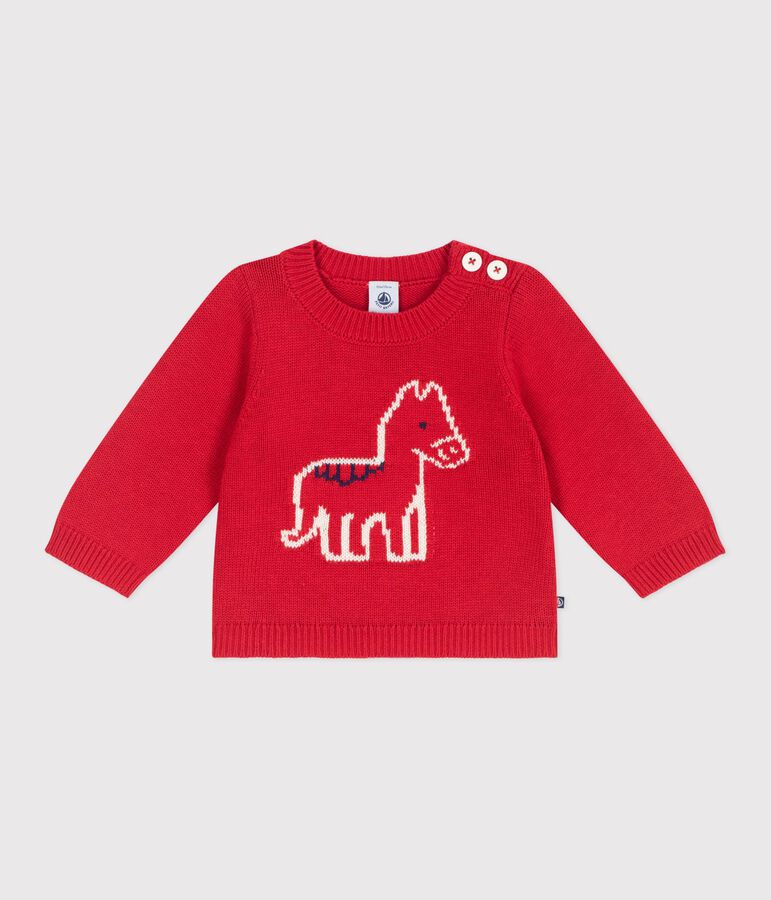 Pull b&eacute;b&eacute; en tricot laine et coton &agrave; motif cheval rouge TERKUIT/ AVALANCHE