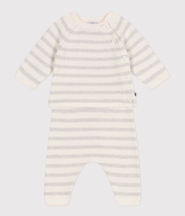 Ensemble b&eacute;b&eacute; deux pi&egrave;ces en tricot laine et coton blanc/beige
