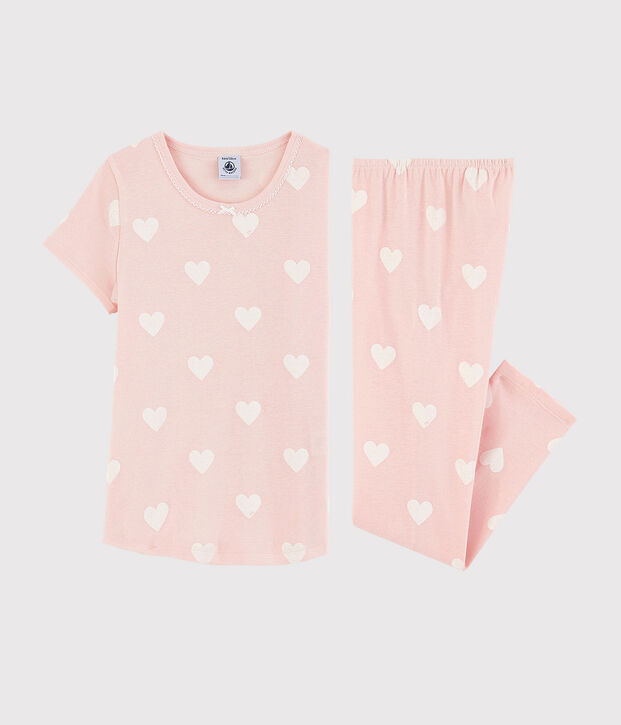 Pyjama rose &agrave; c&oelig;ur petite fille en coton biologique rose/blanc