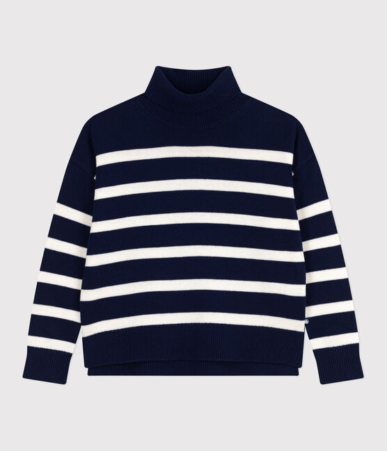 Pull col montant femme en laine et coton à rayures bleu SOIR/ MARSHMALLOW