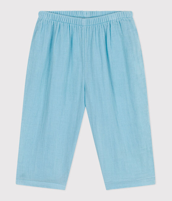 Pantalon bébé en gaze de coton uni bleu AQUATIC