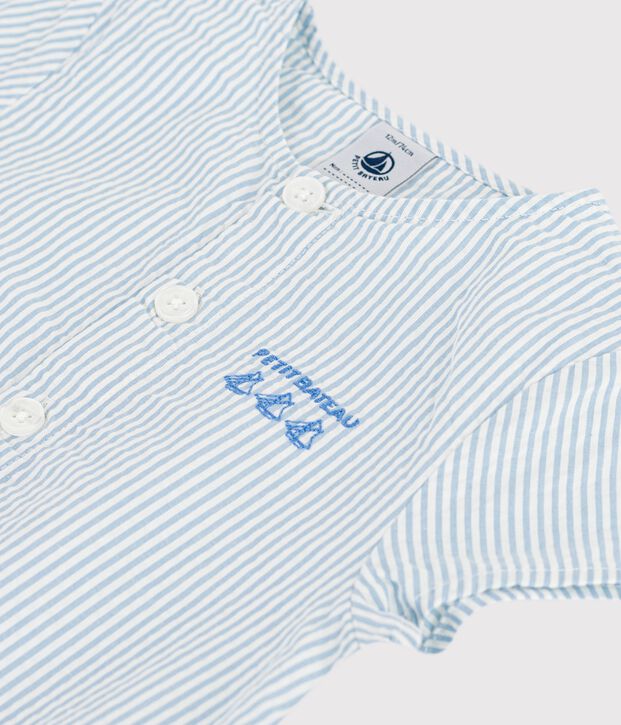 Barboteuse b&eacute;b&eacute; en coton manches courtes ray&eacute;e bleu/bleu