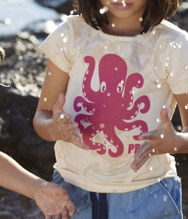 Tee-shirt floqu&eacute; manches courtes enfant fille &eacute;cru