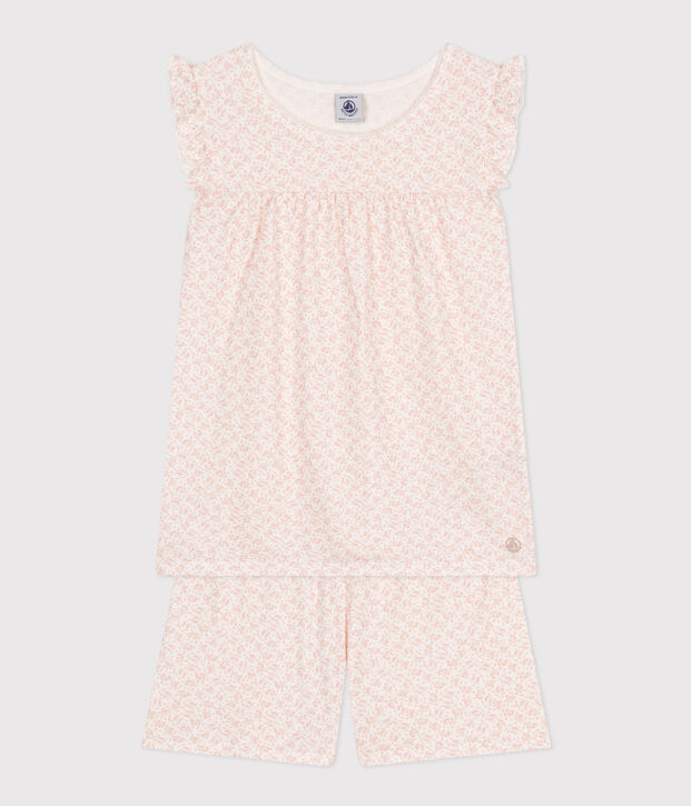 Pyjama short imprim&eacute; fleur en coton enfant blanc/rose