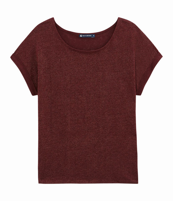 Tee shirt femme en lin brillant manches courtes rouge OGRE/jaune DORE