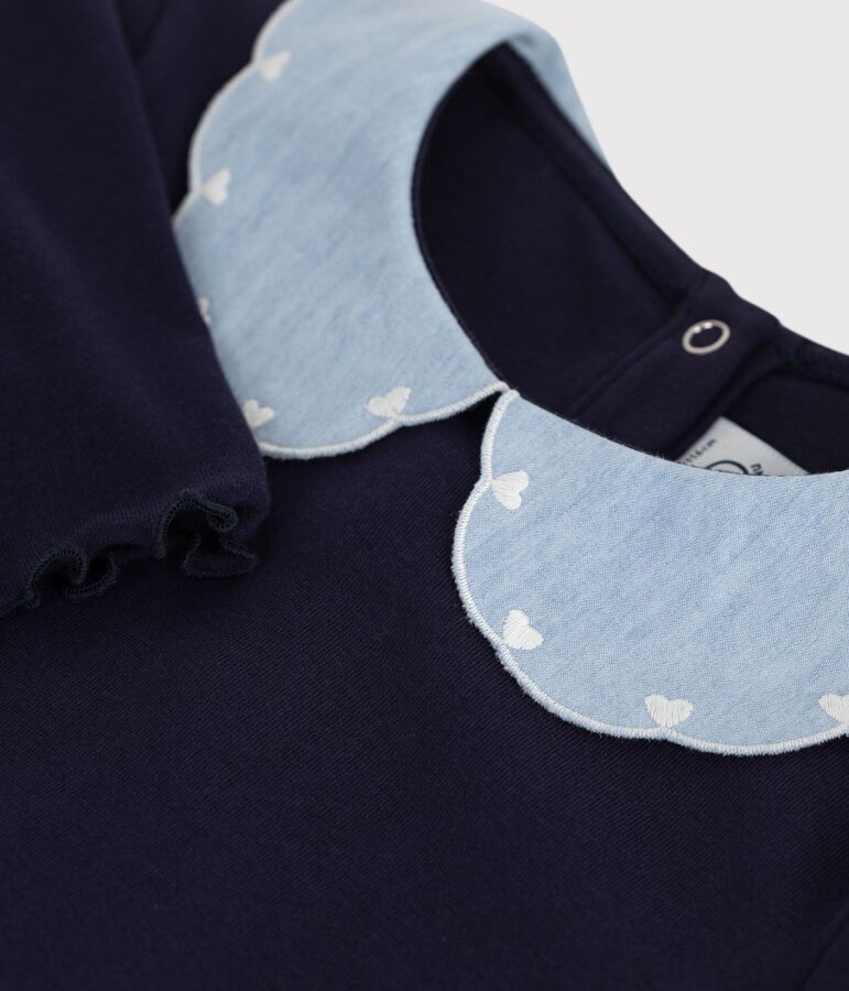 Robe enfant manches longues bi-mati&egrave;re en coton bleu