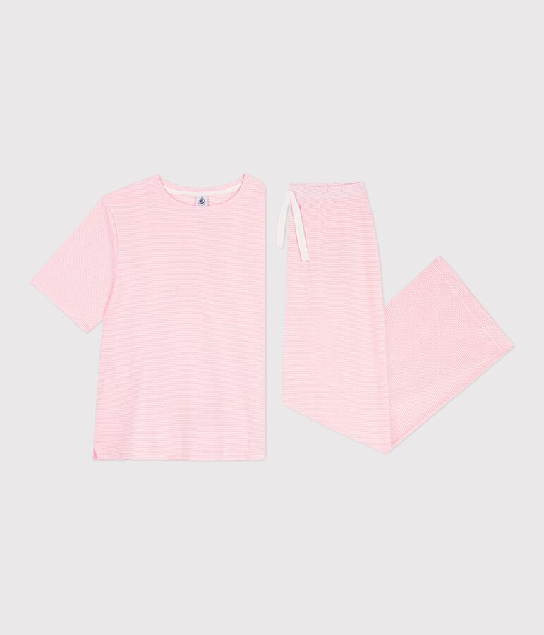 Pyjama femme en coton jambes larges &agrave; rayures rose/blanc