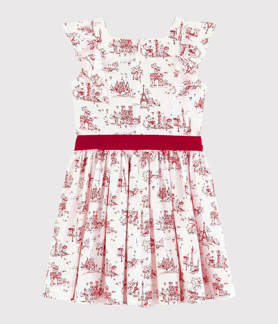 Robe manches courtes en popeline enfant fille blanc MARSHMALLOW/rouge TERKUIT