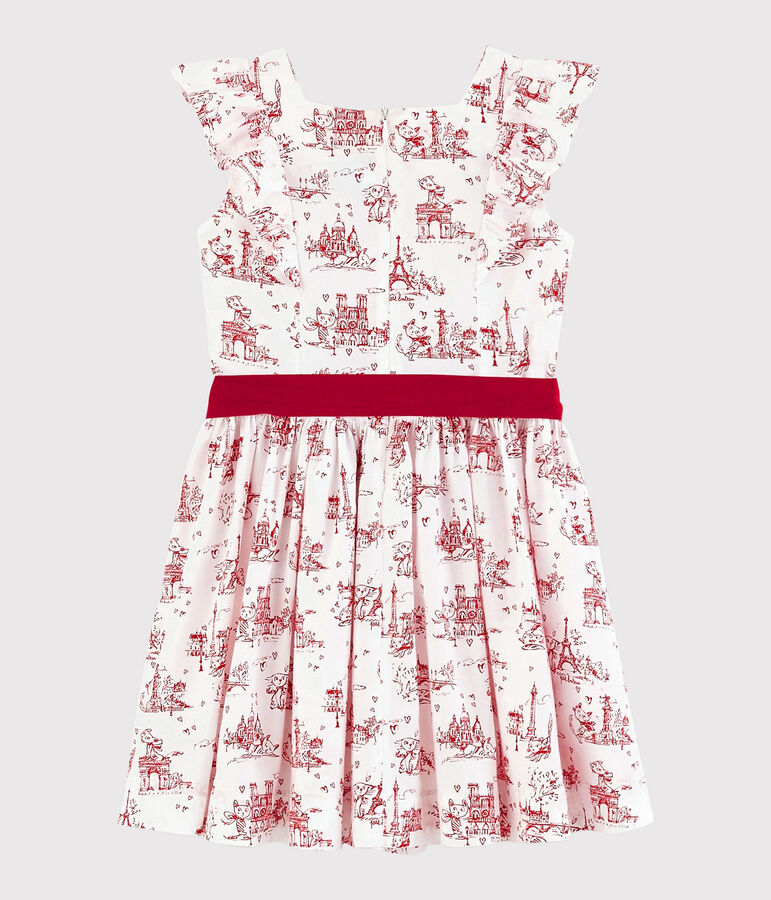 Robe manches courtes en popeline enfant fille blanc/rouge