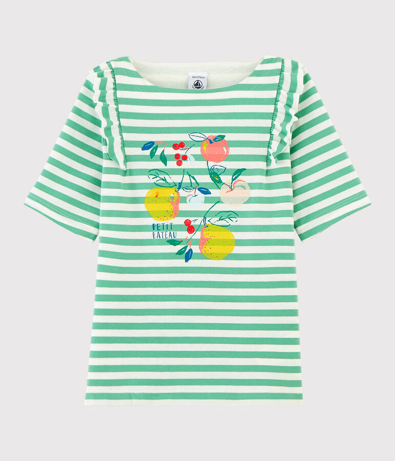 Tee-shirt manches courtes en jersey enfant fille vert/blanc