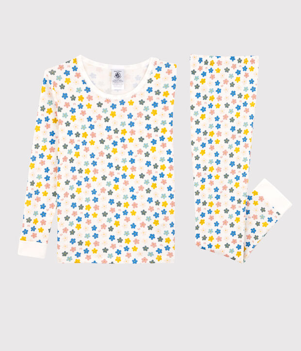 Pyjama snugfit fleurs r&eacute;tro phosphorescent petite fille en coton blanc/multicouleur