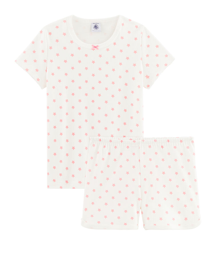 Pyjacourt &agrave; &eacute;toiles rose petite fille en c&ocirc;te blanc/rose