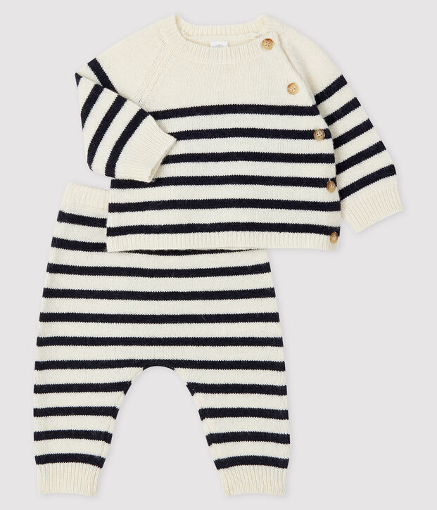 Ensemble 2 pi&egrave;ces &agrave; rayures b&eacute;b&eacute; en tricot blanc/bleu