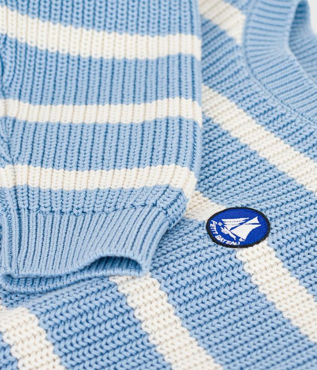 Pull enfant en tricot bleu/&eacute;cru