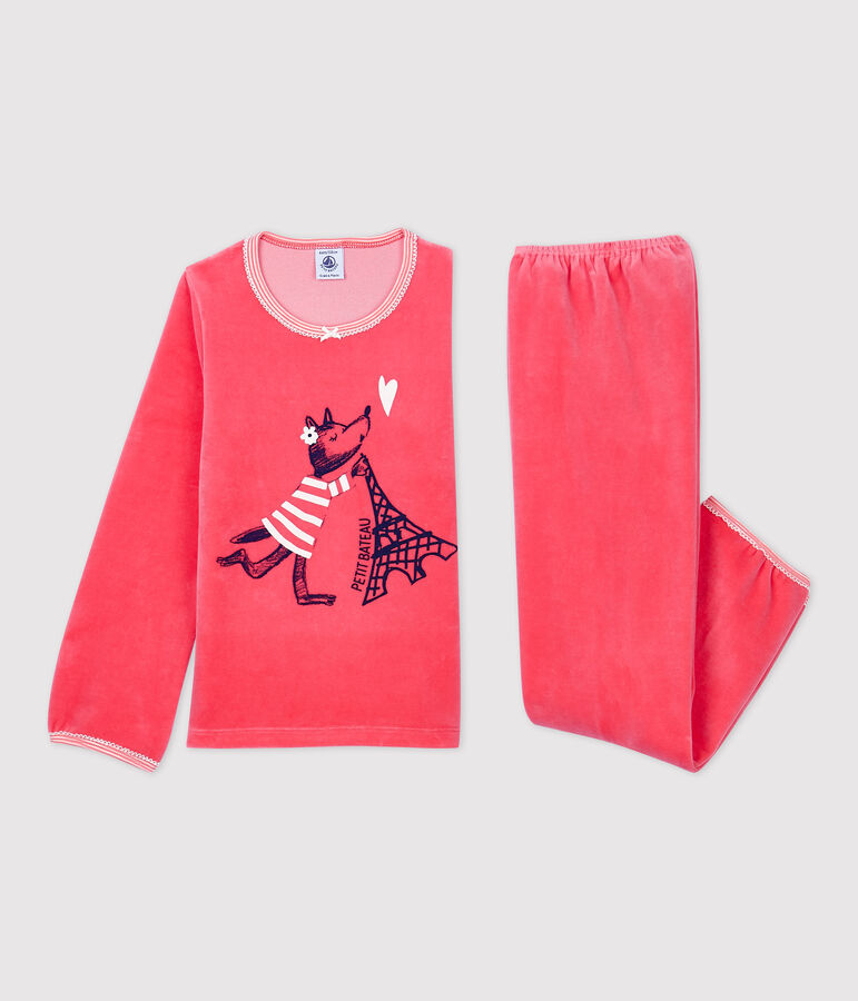 Pyjama rose petite fille motif louvette en velours rose