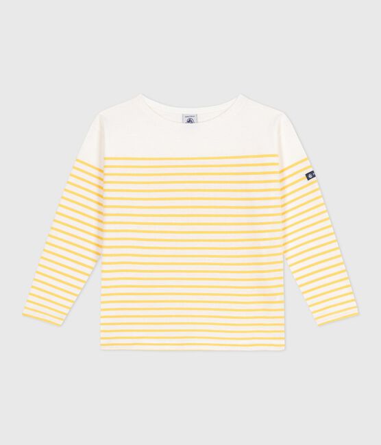 Teeshirt marinière enfant en coton manches longues blanc MARSHMALLOW/ ORGE