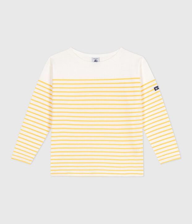 Teeshirt marini&egrave;re enfant en coton manches longues blanc/jaune