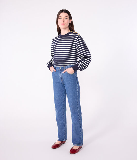 Marinière femme en coton bleu SMOKING/blanc MARSHMALLOW