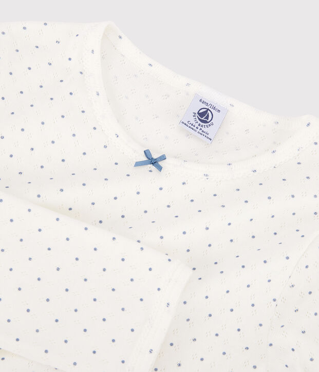 Pyjama ajour&eacute; &agrave; pois petit fille en coton biologique blanc/bleu
