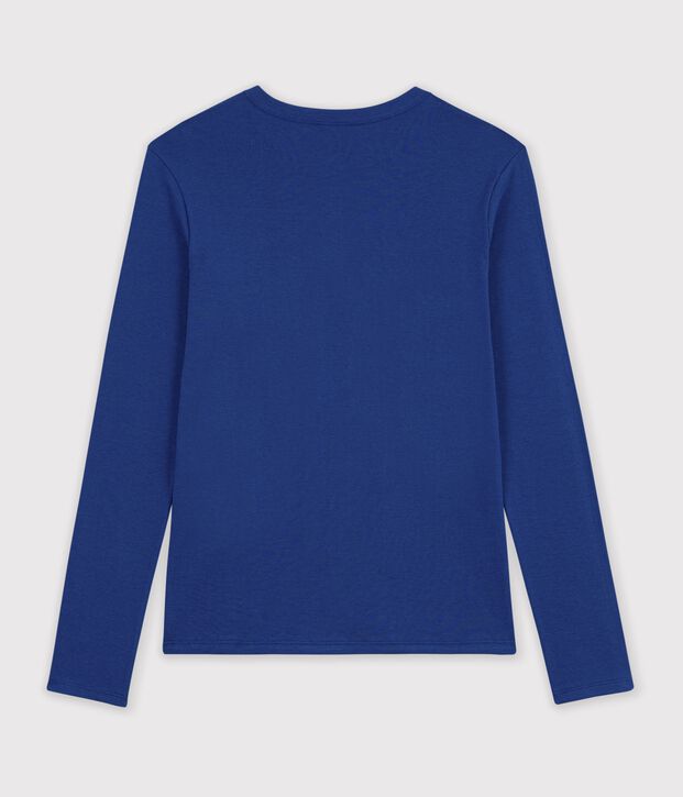 Tee-shirt femme en coton manches longue uni bleu