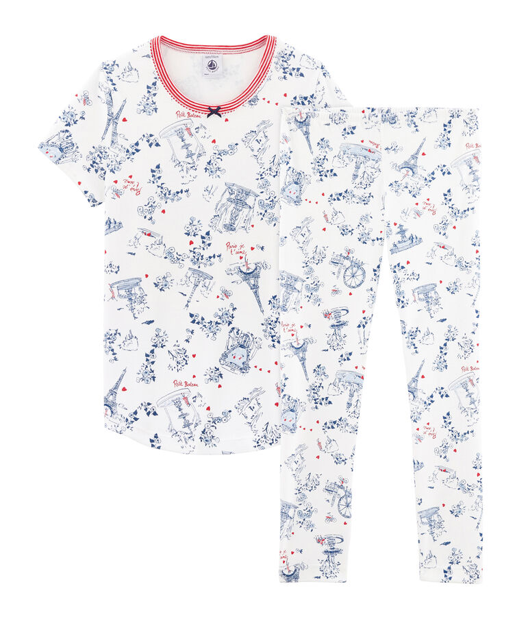 Pyjama petite fille en c&ocirc;te blanc MARSHMALLOW/blanc MULTICO