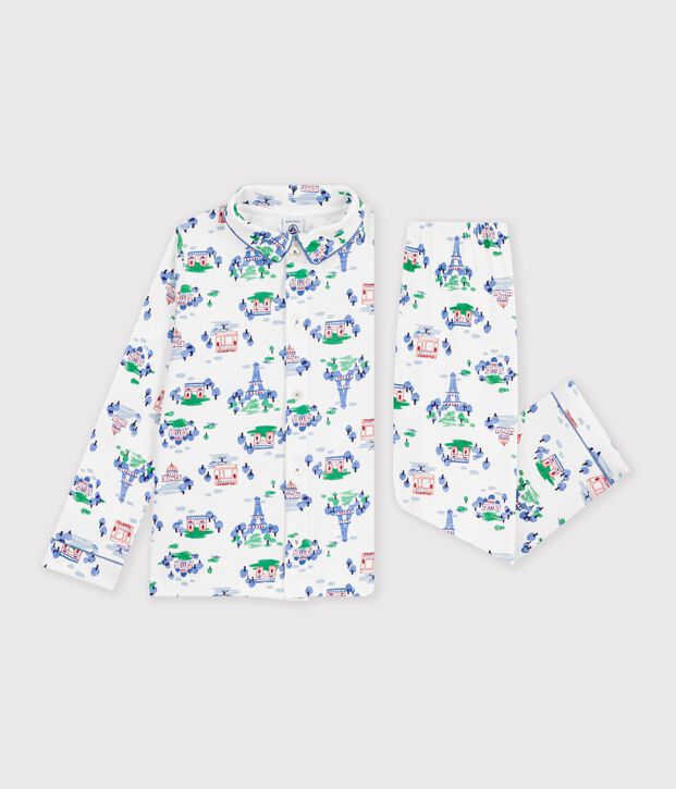 Pyjama boutonn&eacute; enfant en coton imprim&eacute; Paris blanc/multicouleur