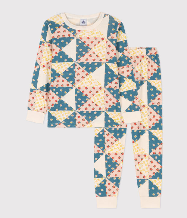 Pyjama patchwork petite fille en coton &eacute;cru/multicouleur