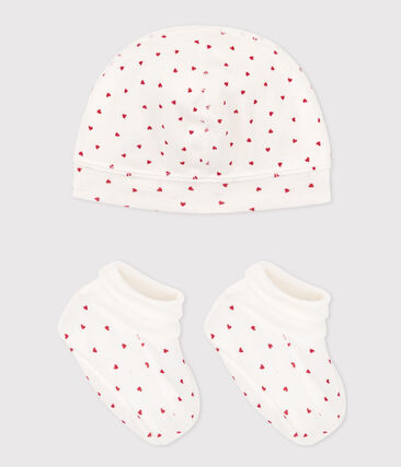 Lot de bonnet et chausson bébé en coton cœurs (Petit Bateau) - Image 1