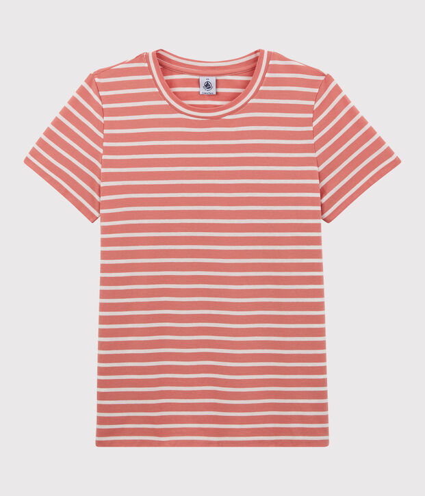 Tee-shirt LE DROIT col rond en coton bio Femme rose/blanc