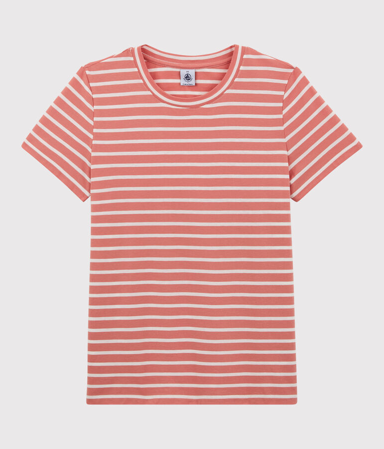 Tee-shirt LE DROIT col rond en coton bio Femme rose PAPAYE/ MARSHMALLOW