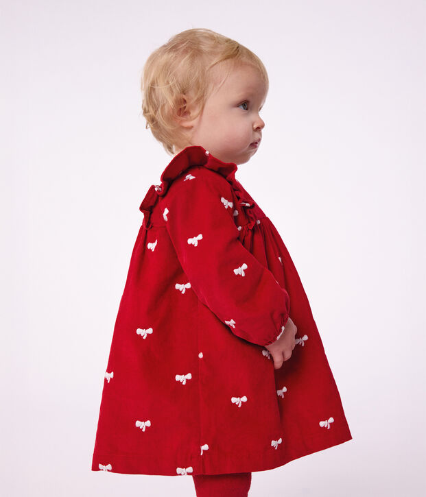 Robe b&eacute;b&eacute; en velours manches longues et broderies motif n&oelig;uds rouge/&eacute;cru