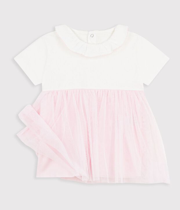 Robe b&eacute;b&eacute; bi-mati&egrave;re manches courtes rose/rose