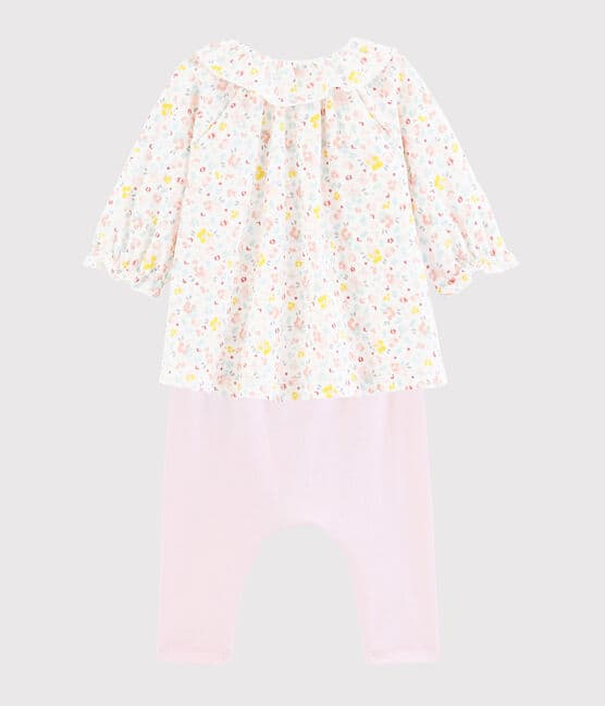Robe et legging bébé à fleurs en coton biologique blanc MARSHMALLOW/blanc MULTICO