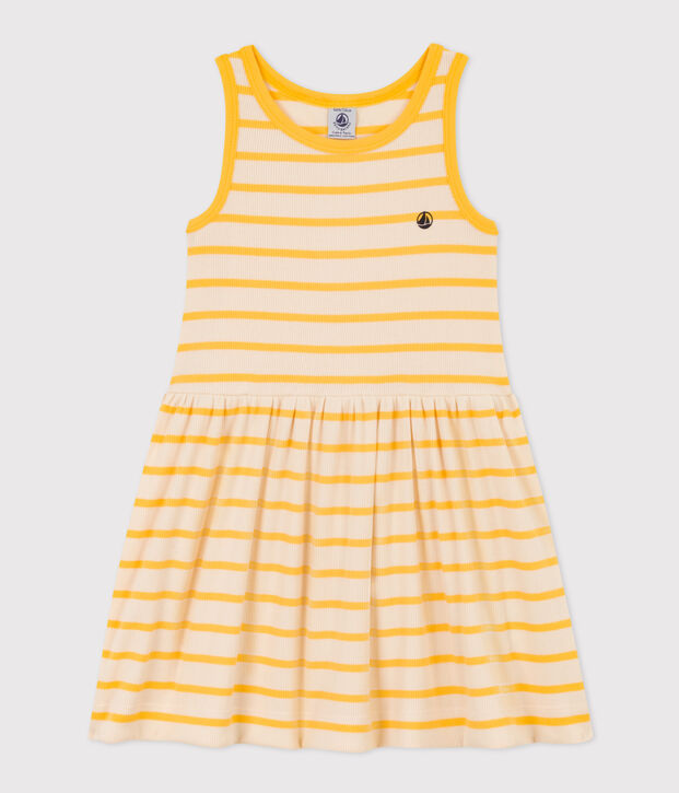 Robe sans manches en coton enfant fille &eacute;cru/jaune