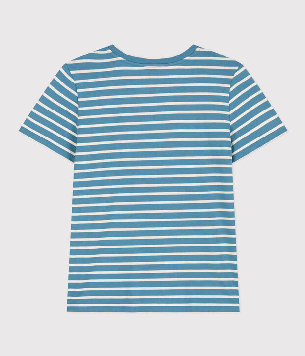 Tee-shirt LE DROIT col rond en coton Femme bleu/&eacute;cru