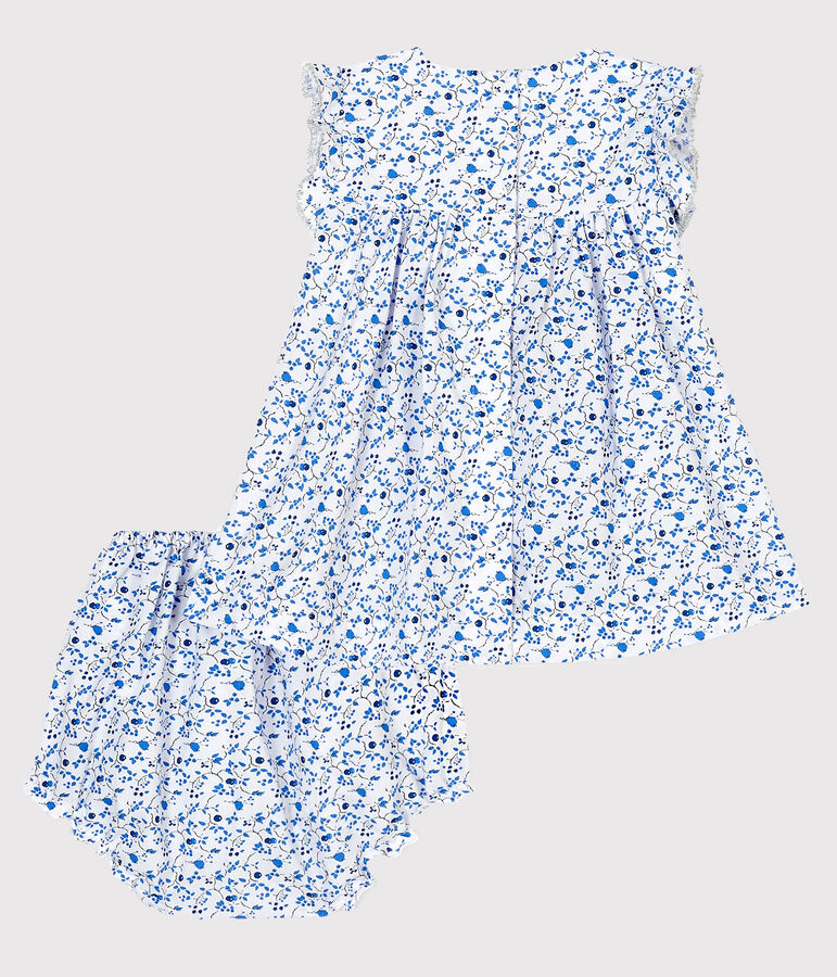 Robe avec bloomer fleurs bleues b&eacute;b&eacute; fille en popeline blanc MARSHMALLOW/blanc MULTICO