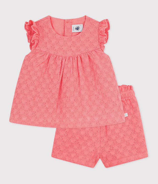 Ensemble b&eacute;b&eacute; 2 pi&egrave;ces en broderie anglaise, motif c&oelig;urs corail