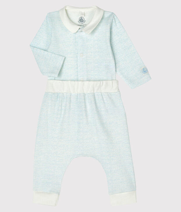 Ensemble 2 pi&egrave;ces b&eacute;b&eacute; gar&ccedil;on en c&ocirc;te blanc/bleu