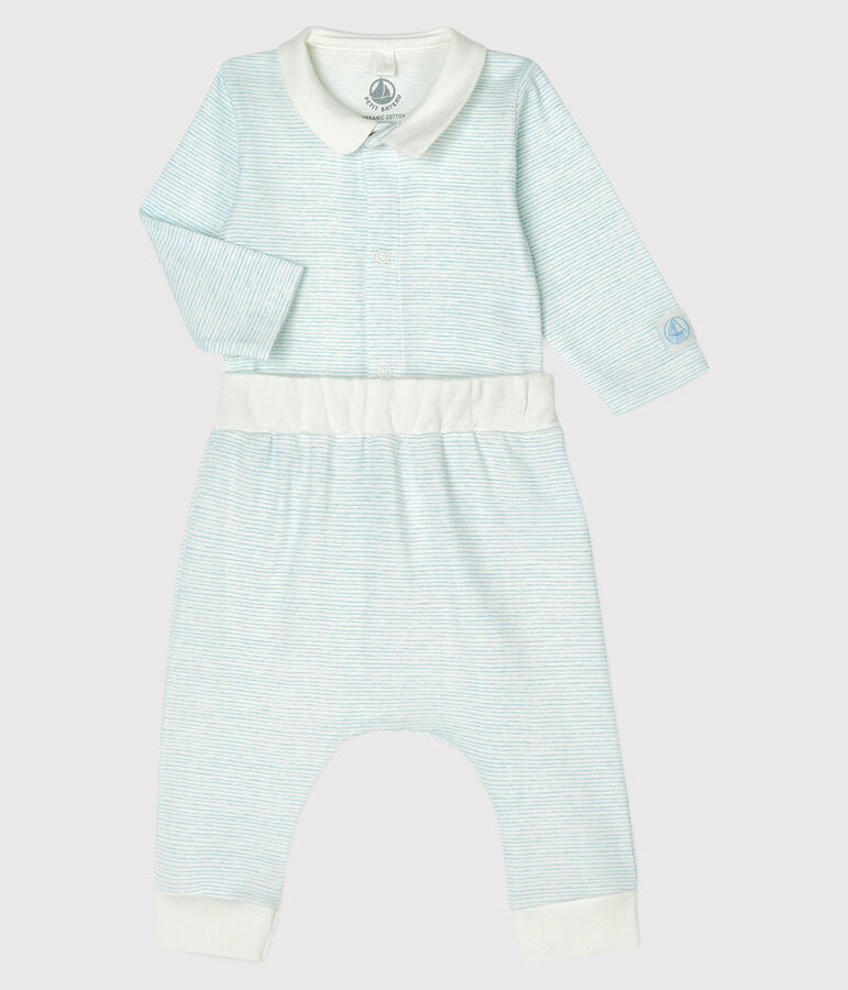 Ensemble 2 pi&egrave;ces b&eacute;b&eacute; gar&ccedil;on en c&ocirc;te blanc MARSHMALLOW/bleu JASMIN
