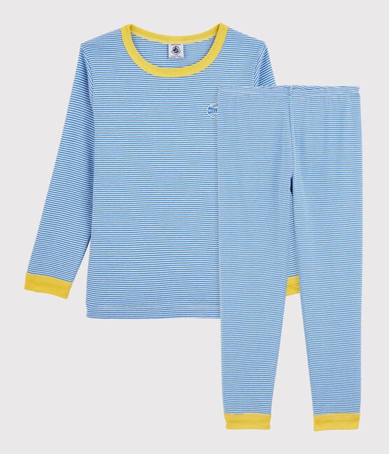 Pyjama rayé milleraies en coton enfant bleu BRASIER/gris MARSHMALLOW