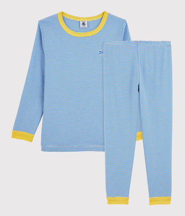 Pyjama ray&eacute; milleraies en coton enfant bleu/blanc