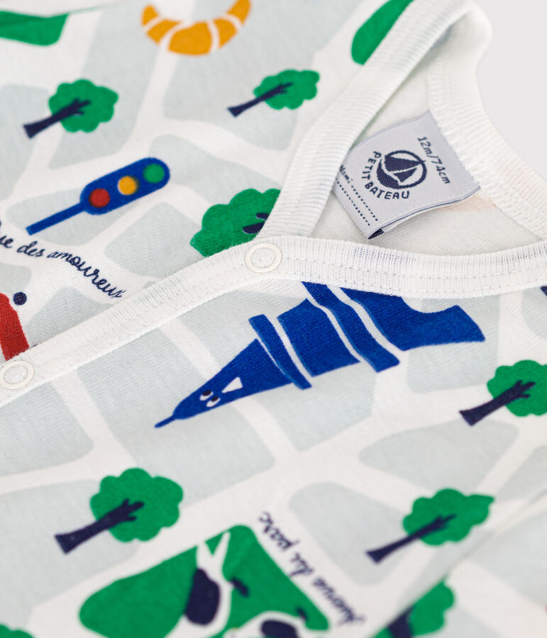 Combinaison courte en coton b&eacute;b&eacute; blanc MARSHMALLOW/bleu MEDIEVAL