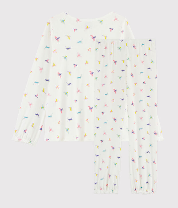 Pyjama imprim&eacute; oiseaux petite fille en c&ocirc;te blanc/multicouleur