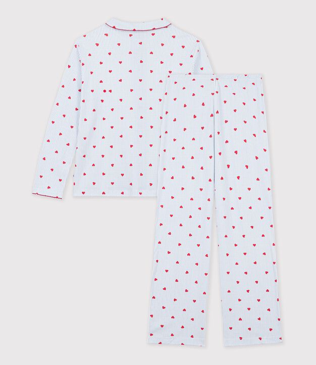 Pyjama boutonn&eacute; femme en coton imprim&eacute; &agrave; rayures et c&oelig;urs blanc/multicouleur