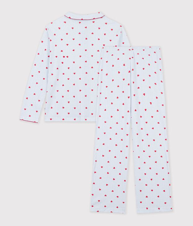 Pyjama boutonn&eacute; femme en coton imprim&eacute; &agrave; rayures et c&oelig;urs blanc/multicouleur