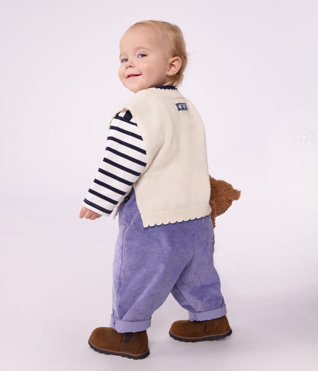 Pull b&eacute;b&eacute; en tricot laine et coton sans manches blanc